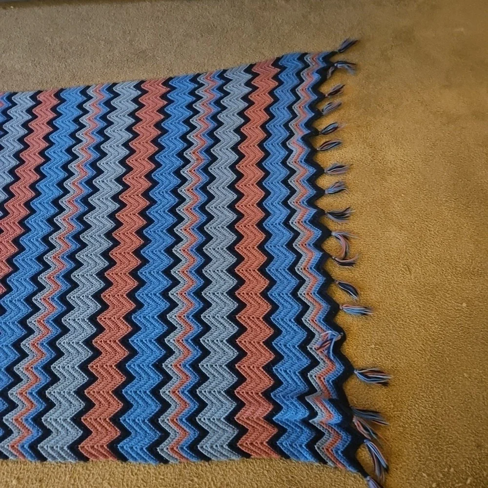 Vintage Handmade Chevron Crochet Blanket Blue Pink 1970s Afghan 95